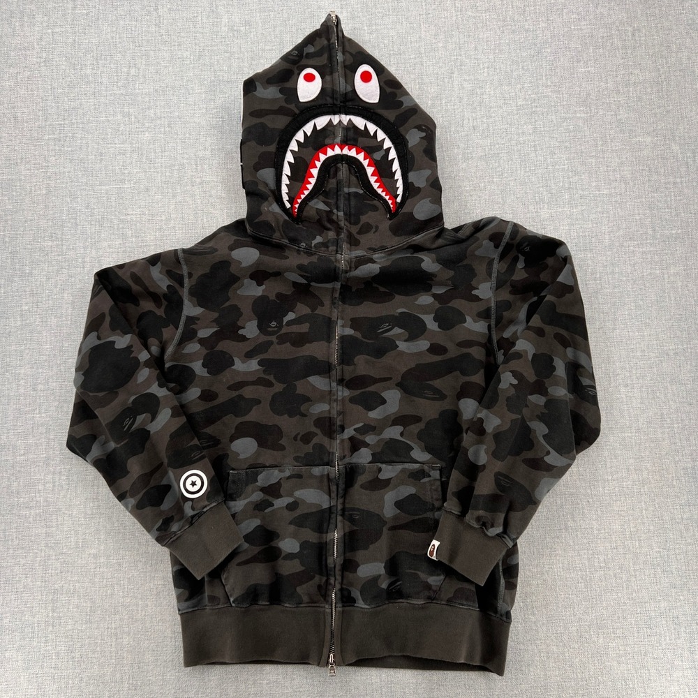 BAPE Bathing Ape Shark Full Zip Hoodie WGM Camo Men Large Black Streetwear Japan